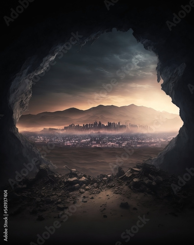 Dirty old grunge entrance overlooking a futuristic d city town. Post apocalypse skyline. Large stone cave. Gravel and dirt ground. Cinematic sunset.