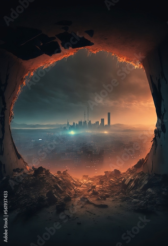 Destroyed futuristic city. Post apocalypse skyline. Large stone cave. Gravel and dirt ground. Cinematic sunset.