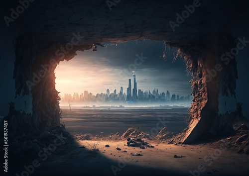 Futuristic city. Post apocalypse skyline. Large stone cave. Gravel and dirt ground. Cinematic sunset.