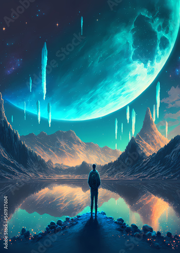 A man standing by the lake inspired by the beauty of the colorful moon, digital art style, generative ai