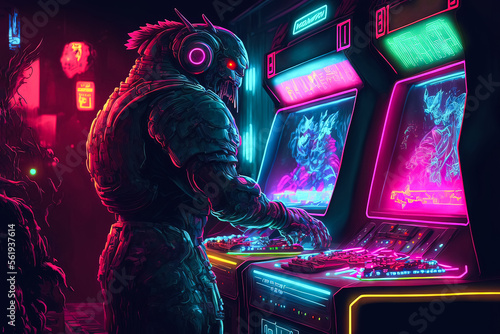 Unique wallpaper is the gamer of the future. Awesome picture of the arcade  machine with neon lights and bright effects. Future of gaming concept.  Generative AI ilustração do Stock