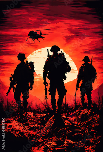 Military (Army, Marines, Navy, Air Force) Veterans. Soldiers at sunset silhouettes computer image with no reference photos used. Generative AI © Brian