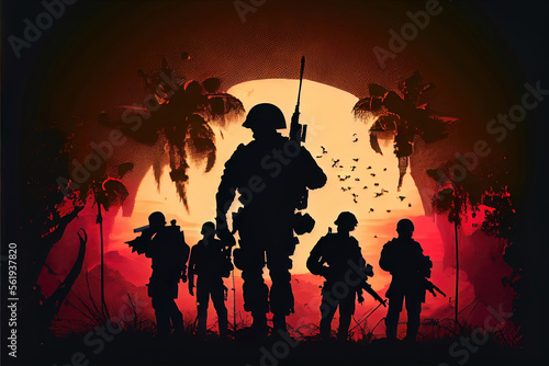 Military (Army, Marines, Navy, Air Force) Veterans. Soldiers at sunset silhouettes computer image with no reference photos used. Generative AI