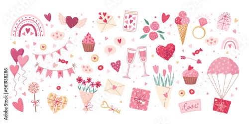Valentine's day elements set. Gift, heart, balloon, flowers, key, rose, candy, and others for decorative. Stickers cartoon style. Vector illustration.