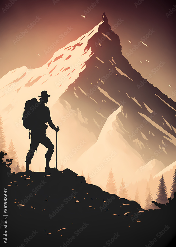 A hiker man taking a rest before completing his climb toward the biggest mount, digital art style, generative ai