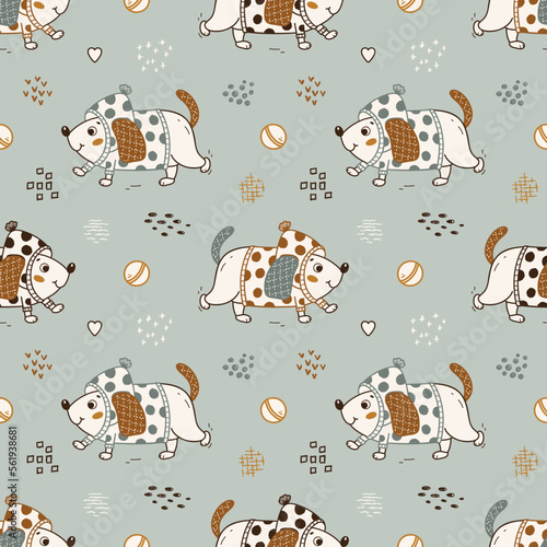 Cute Dog Playing with Ball. Seamless Pattern with Little Puppies. Vector Childish Background. Baby Funny Animal. Great for T-shirt Print Design for Kids.