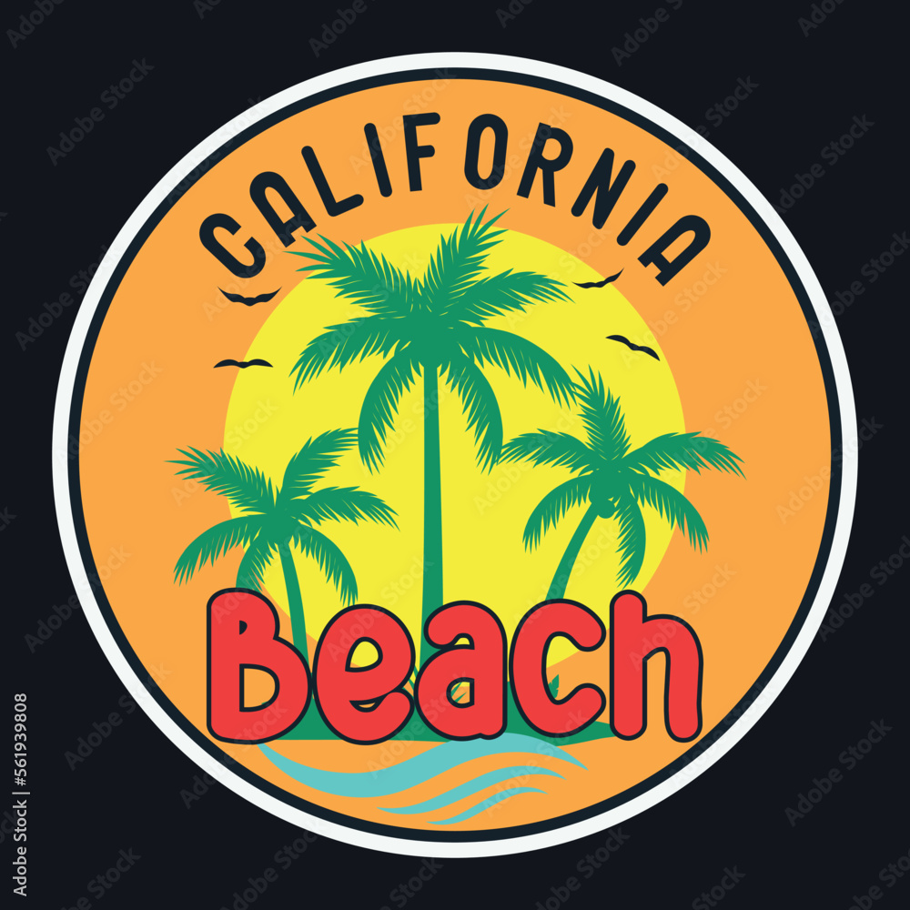 Summer California Sunset Beach Emblem Patch Logo Poster Label Vector Illustration Retro Vintage Badge Sticker And T-shirt Design