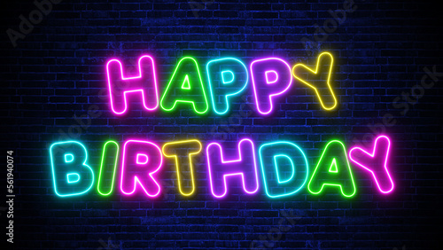 happy birthday neon lights colorful text on blue brick wall background, 4k wallpaper, shiny and glowing typograohy 