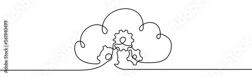 Cloud technology sign. Clods with gears. Cloud computing, big data Concept. Continuous one line Vector illustration