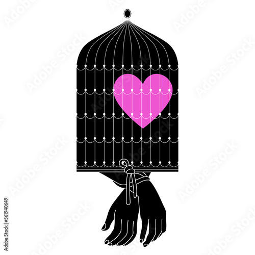 Human hands tied with rope attached to a birdcage with heart symbol inside. Bondage of love. Creative romantic concept. Isolated vector illustration.
