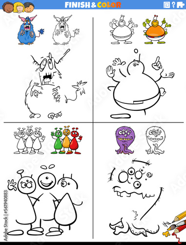drawing and coloring task with aliens and monsters
