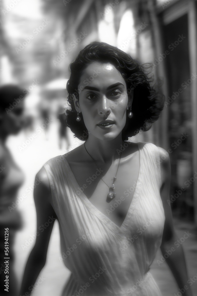 young woman walking in Mexico City in 1960. monochromatic vintage. This image was created with generative AI young woman walking in Mexico City in 1960. monochromatic vintage. This image was created with generative AI
