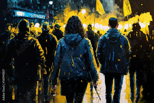 People in Ukraine at peaceful protest, palette knife painting in yellow and blue colors, with flag in the streets walking, from the back. Digital illustration. photo