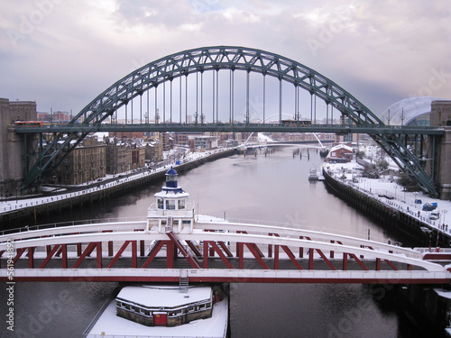 Newcastle Upon Tyne and the Tyne Bridge in Winter covered in snow