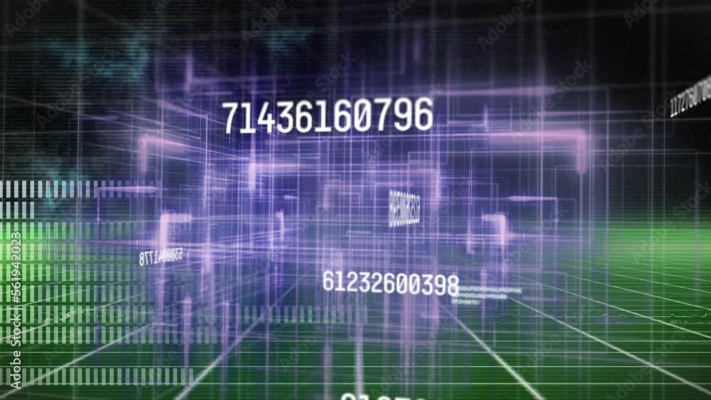 Animation of multiple changing numbers and purple light trails over green grid network Animation of multiple changing numbers and purple light trails over green grid network