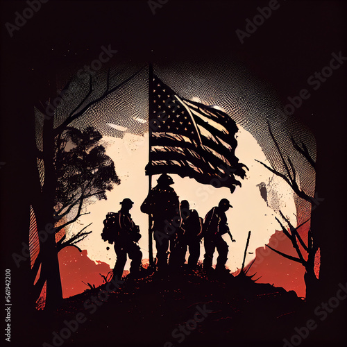 Soldiers silhouetted against the American flag photo
