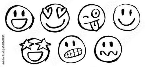 Emojis, different expressions. Vector faces. Afraid, confused, gleeful, happy, star-eyed, in love, crazy, tongue out. Blinking eyes. Hand drawing with marker pen. Brush, isolated on white background. photo