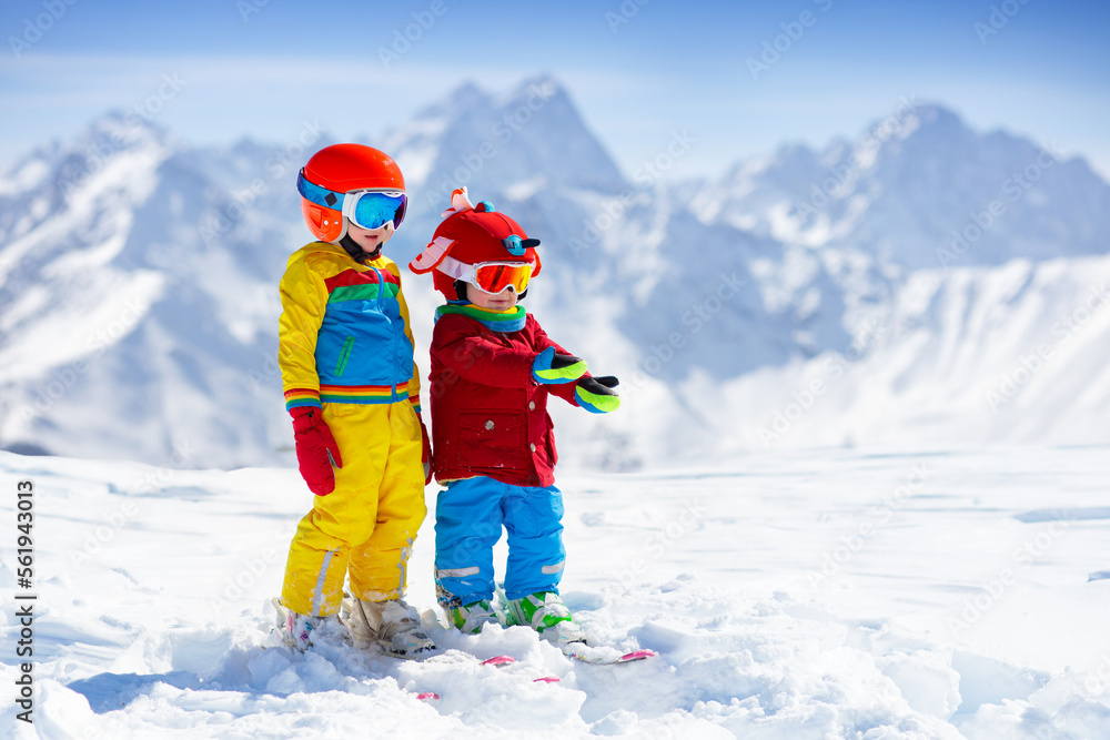 Ski and snow winter fun for kids. Children skiing. Ski and snow winter fun for kids. Children skiing.