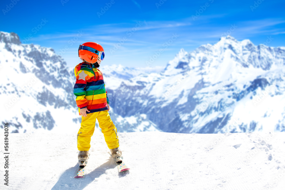 Kids winter snow sport. Children ski. Family skiing. - obrazy, fototapety, plakaty 