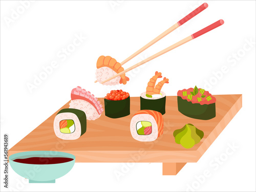 Sushi. Cartoon isolated plate with chopsticks and rolls with rice, salmon for food with soy sauce, wasabi and ginger at sushi bar or Japanese. Restaurant of Asian cuisine. Vector weekend isolated