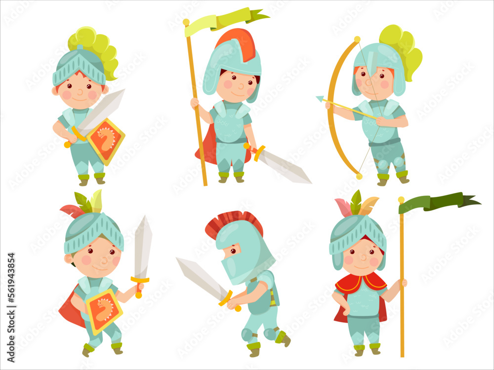 The little knight. Middle Ages. Metal armor. Knight tournaments. Children in fairy costumes, isolated vector illustration. The little knight. Middle Ages. Metal armor. Knight tournaments. Children in fairy costumes, isolated vector illustration.
