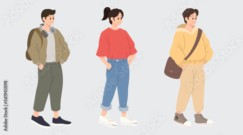 young men and women standing. Student standing. Flat vector illustration isolated on white background