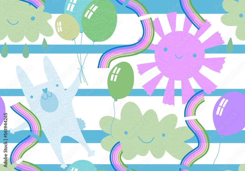 Festive animals seamless rabbit bunnies and sun and clouds and balloons pattern for wrapping paper and kids