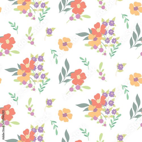 Seamless floral pattern, cute flower print with spring botany. Pretty ditsy design: hand drawn wild plants: small flowers, leaves in an abstract arrangement on a light background. Vector illustration. © Yulya i Kot