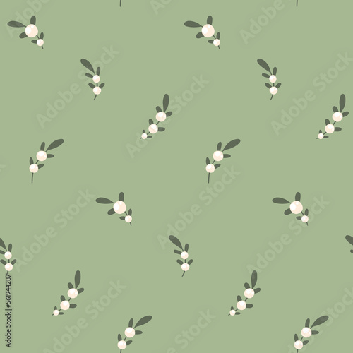 Seamless floral pattern, cute botanical print with small berries on the branches. Pretty surface design with tiny hand drawn plants on a gray-green background. Vector illustration.