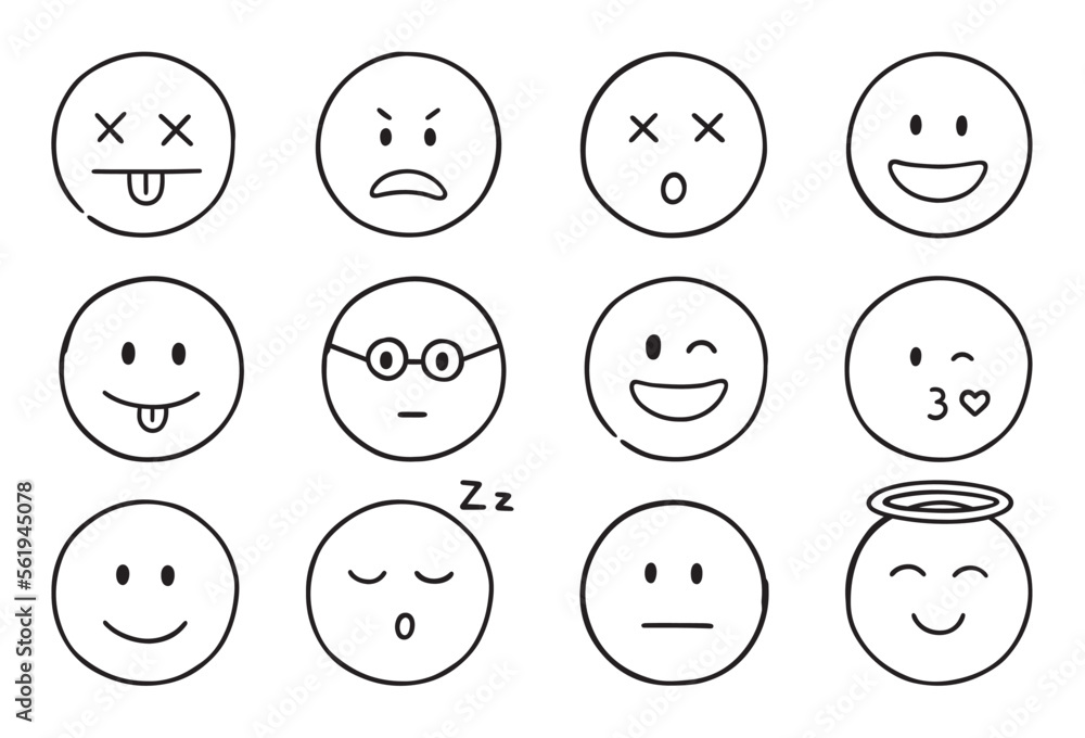 Emoji doodle icons. Set of happy, sad, smiling faces. Funny emoticons in sketch style. Hand drawn vector illustration isolated on white background Emoji doodle icons. Set of happy, sad, smiling faces. Funny emoticons in sketch style. Hand drawn vector illustration isolated on white background