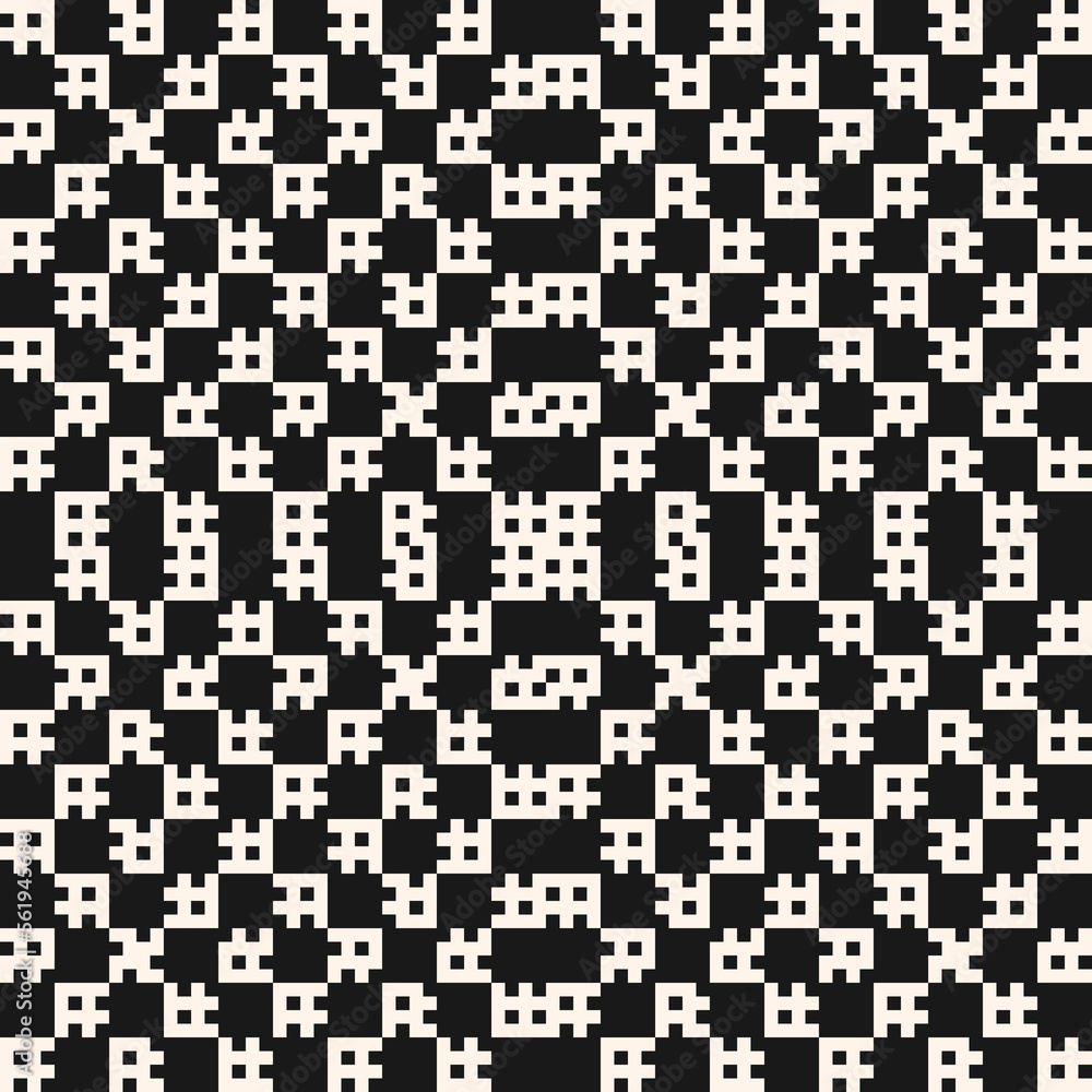 Geometric squares pattern. Vector abstract black and white seamless texture with small square shapes, pixels, grid. Simple monochrome background. Ethnic style minimal ornament. Repeat design