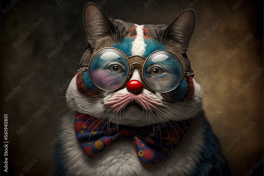 Created with Generative AI technology. Funny cat is wearing costume clown. - obrazy, fototapety, plakaty 