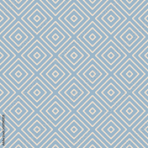 Vector geometric seamless pattern. Retro vintage style seamless texture with diamonds, rhombuses, zigzag lines, chevron. Elegant geo ornament. Abstract soft blue background. Design for decor, print