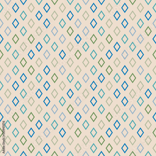 Vector seamless pattern with colorful outline rhombuses. Abstract geometric ornament texture with simple diamond shapes in regular grid. Blue, green and beige color background. Repeat vintage design