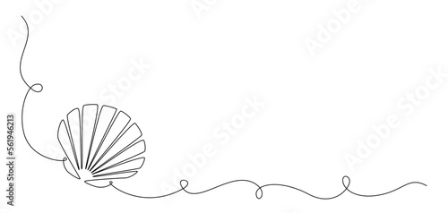 Continuous one line drawing of open oyster shell. Seashell symbol and banner of beauty spa and wellness salon in simple linear style. Editable stroke. Doodle Vector illustration