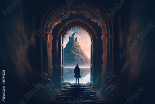 Photo Man standing in front of the hallway leading to the mysterious castle, digital a