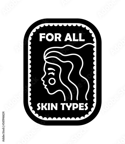 For all skin types label. Cosmetic product for beauty and hygiene, health care. Routine and household chores, daily product concept. Poster or banner for website. Cartoon flat vector illustration