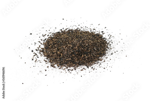 Dried and ground Trumpet Mushrooms isolated on white Background. Black chanterelle mushrooms powder spice. Aromatic mushroom dried spice.