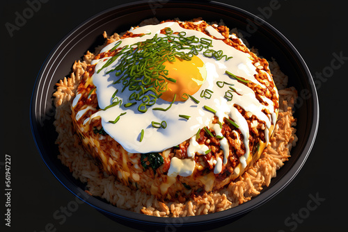 Kimchi fried rice with pork and cheese on top is an example of Asian fusion cuisine. Generative AI photo