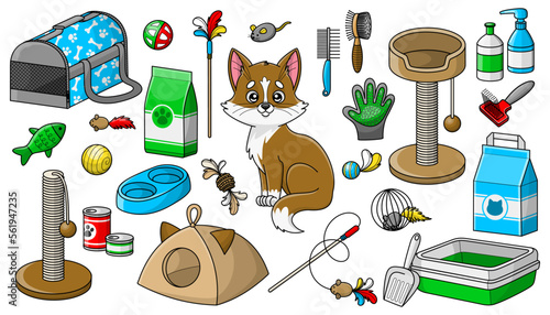 Set of cat goods. Collection of Products and accessories for pet shop. Food, toys, beds and other supplies for domestic animals. Colorful vector isolated illustrations in cartoon style.
