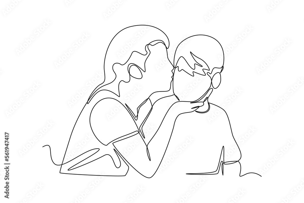 Continuous one line drawing Happy mother gives a kiss to her teenage son. Raising teens concept. Single line draw design vector graphic illustration.
