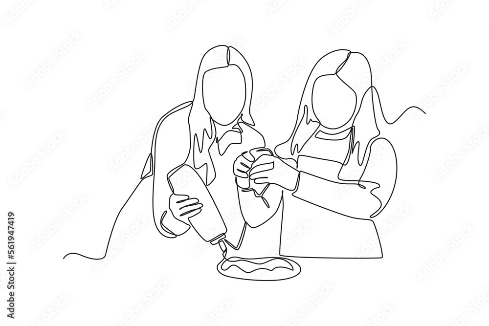 Continuous one line drawing Happy mother teaches her child to cooking. Raising teens concept. Single line draw design vector graphic illustration.