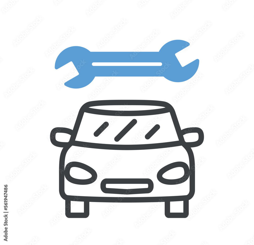 Car service doodle icon. Vehicle under blue wrench. Aesthetics and elegance, minimalist creativity and art. Vehicle and repair. Poster or banner for website. Cartoon flat vector illustration