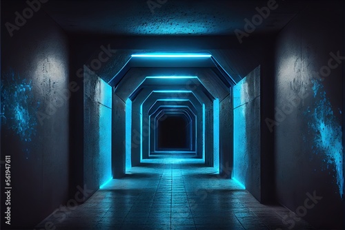 Neon Laser White Lights Hangar Garage Studio Rough Concrete Cement Asphalt Realistic Tunnel Corridor Hallway Showroom Warehouse Basement Spotlight Studio Underground. Generative AI © Дима Пучков