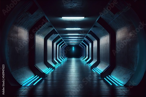 Neon Laser White Lights Hangar Garage Studio Rough Concrete Cement Asphalt Realistic Tunnel Corridor Hallway Showroom Warehouse Basement Spotlight Studio Underground. Generative AI