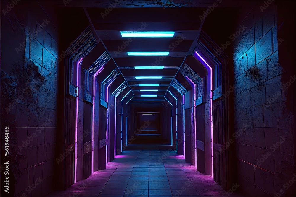 Neon Glowing Blue Purple Cyber Retro Sci Fi Futuristic Concrete Glossy Grunge Tunnel Underground Corridor Hallway Basement Hangar Showcase Showroom 3D Rendering. AI generated art illustration. Neon Glowing Blue Purple Cyber Retro Sci Fi Futuristic Concrete Glossy Grunge Tunnel Underground Corridor Hallway Basement Hangar Showcase Showroom 3D Rendering. AI generated art illustration.