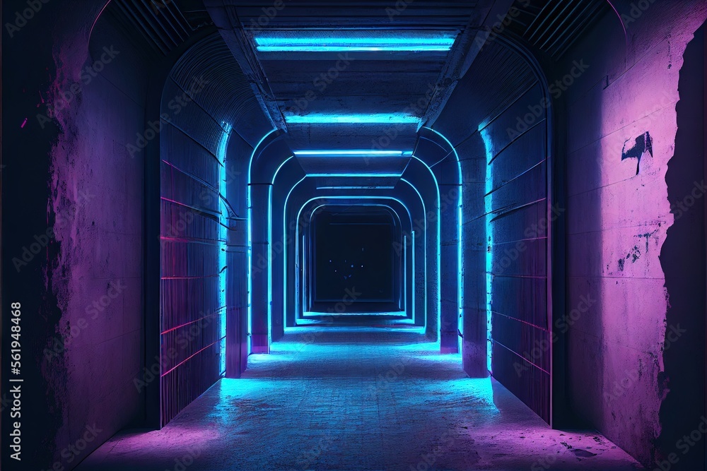 Neon Glowing Blue Purple Cyber Retro Sci Fi Futuristic Concrete Glossy Grunge Tunnel Underground Corridor Hallway Basement Hangar Showcase Showroom 3D Rendering. AI generated art illustration.	