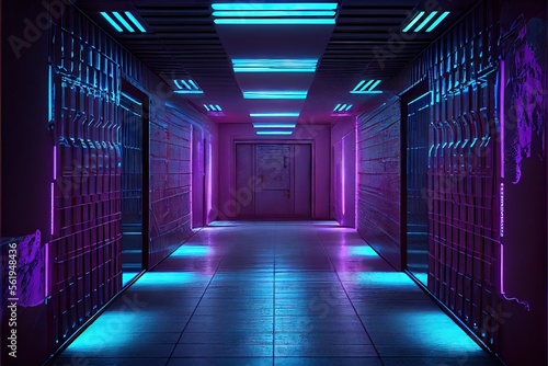 Neon Glowing Blue Purple Cyber Retro Sci Fi Futuristic Concrete Glossy Grunge Tunnel Underground Corridor Hallway Basement Hangar Showcase Showroom 3D Rendering. AI generated art illustration. 