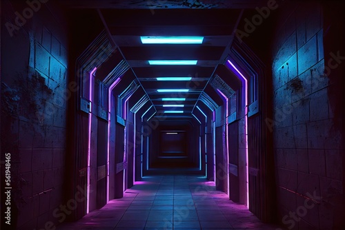 Neon Glowing Blue Purple Cyber Retro Sci Fi Futuristic Concrete Glossy Grunge Tunnel Underground Corridor Hallway Basement Hangar Showcase Showroom 3D Rendering. AI generated art illustration. 