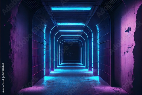 Neon Glowing Blue Purple Cyber Retro Sci Fi Futuristic Concrete Glossy Grunge Tunnel Underground Corridor Hallway Basement Hangar Showcase Showroom 3D Rendering. AI generated art illustration. 